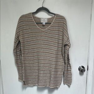 Striped V-Neck Sweater - Cream and Brown